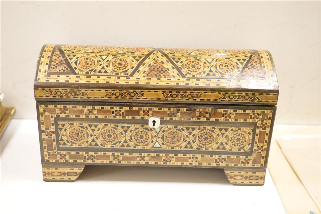 An Anglo-Indian casket, a Damascan domed casket and a modern globe, longest 40cm